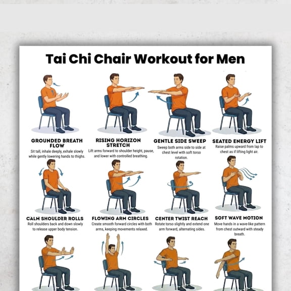 Men's Tai Chi Chair Exercise Poster, Men's Sitting Balance And Movement Practice Poster, Men's Daily Home Fitness Plan Poster