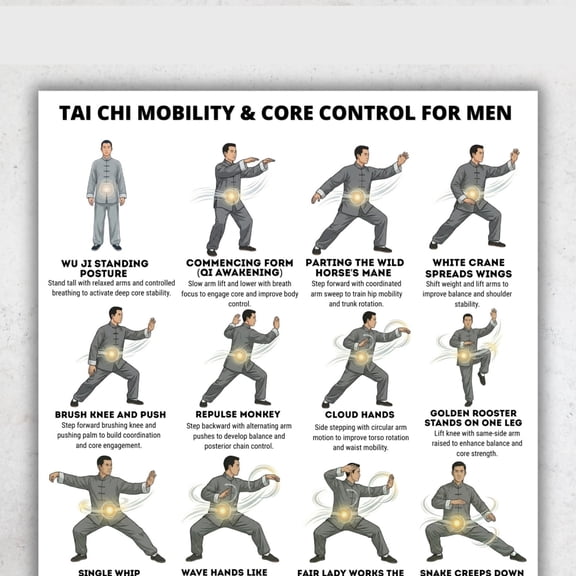 Men's Tai Chi Poster, Core Focus Exercise Table Poster, Balance And Exercise Training Poster, Martial Arts Family Routine Poster