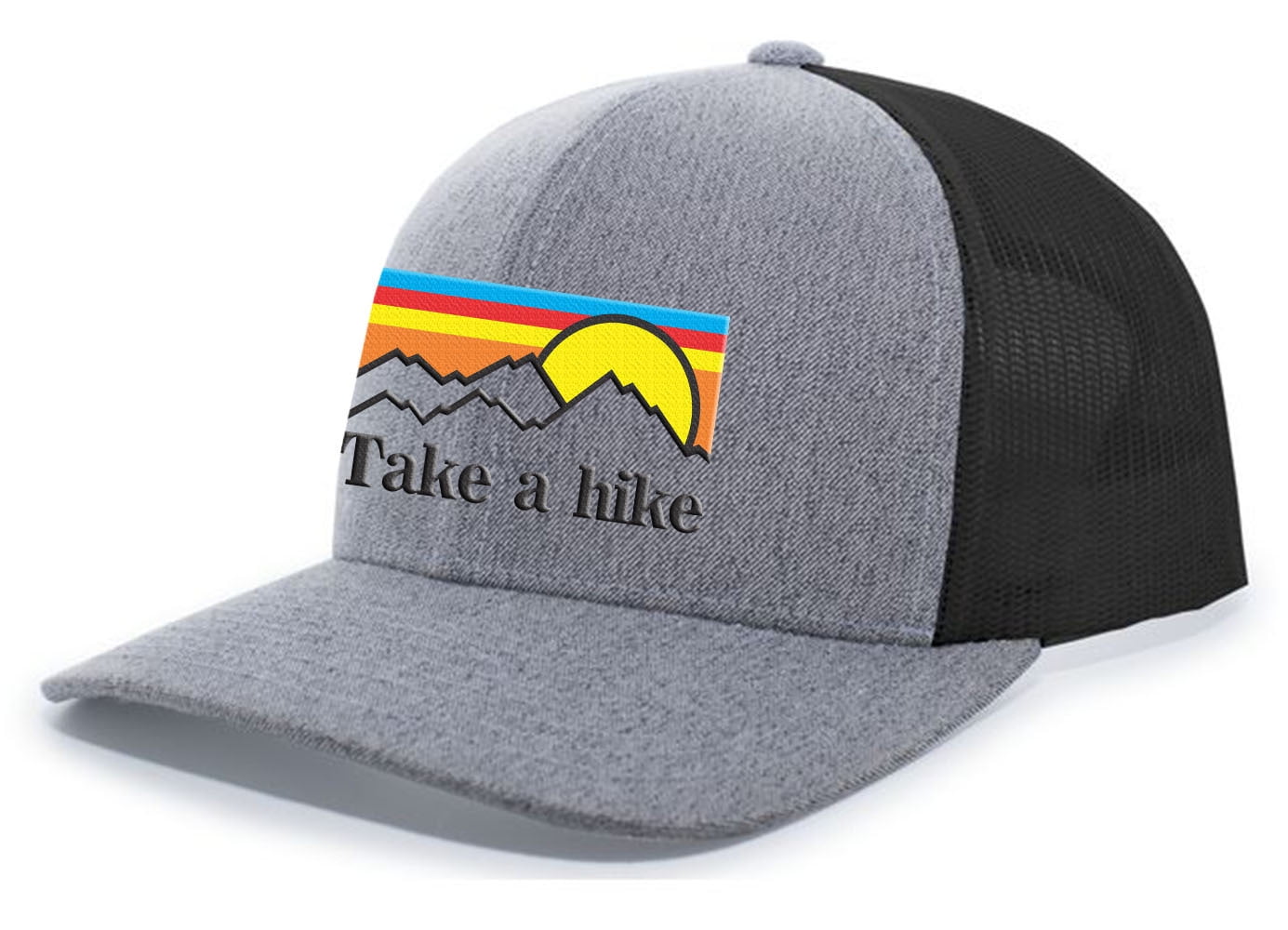 Men's Take A Hike Layered Sunset Retro Mountain Forest Embroidered Mesh  Back Trucker Hat, Heather Grey/Black