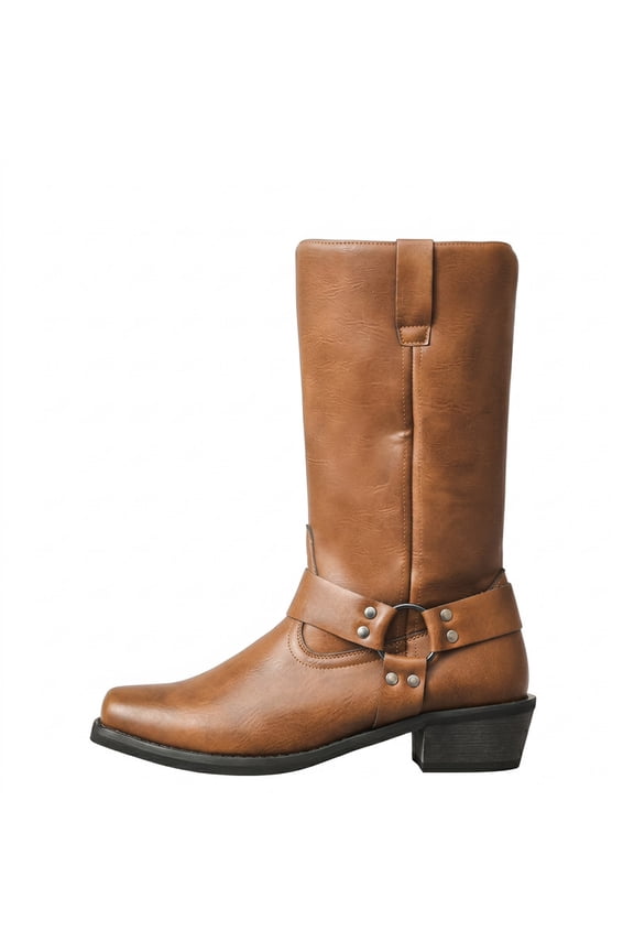 Men's Tall Western Cowboy Boots with Harness Strap - Square Toe High Shaft Boots for Casual & Outdoor Wear (Available in Black & Brown)