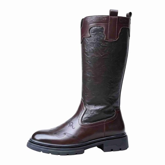 Men's Tall Western Embossed Leather Boots, Side Zipper Cowboy Style Footwear, Lug Sole Casual Motorcycle Boots Vintage Biker Boots