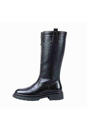 Men's Tall Western Embossed Leather Boots, Side Zipper Cowboy Style Footwear, Lug Sole Casual Motorcycle Boots Vintage Biker Boots
