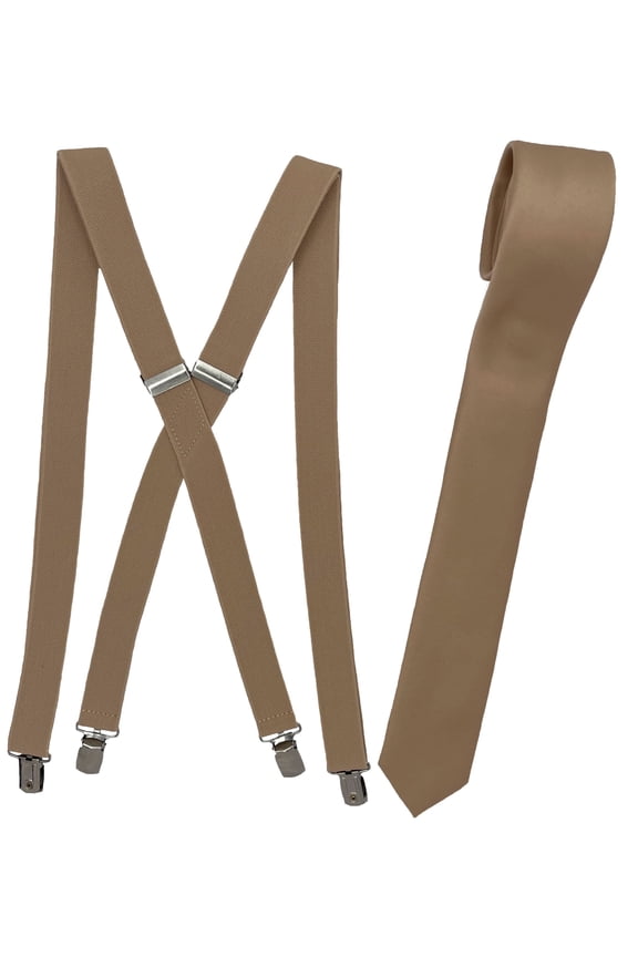 Men’s Tan Suspenders & Satin Skinny Tie Collection in a variety of colors by Spencer J’s