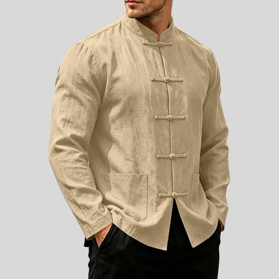 Men's Tang Suit Chinese Traditional Clothes Long Sleeve Stand Collar Zhongshan Shirts Casual Lightweight Cotton Linen Tops Khaki L
