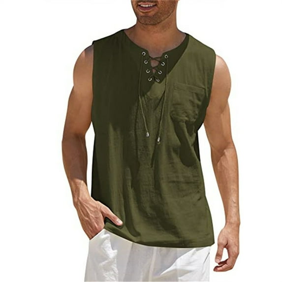 Men's Tank Blouse Cotton Linen Casual Shirts Solid Color Fashion Sleeveless Lace-Up Tee Shirts