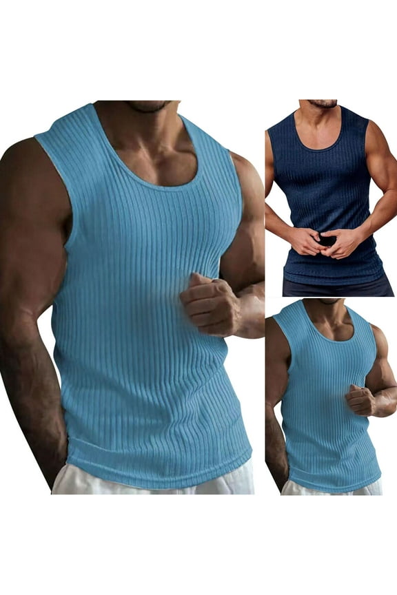 Men's Tank Shirts Men's Fashion Solid Color Striped Tight Fitting Casual Fitness Round Neck Sleeveless Light Blue M