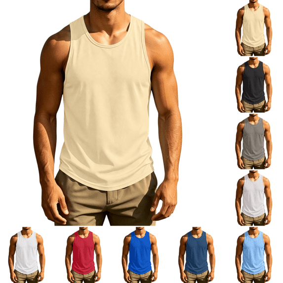 Men's Tank Top Cooling Breathable Sleeveless Muscle Shirts Summer Moisture Wicking Tank Top for Gym, Running,Outdoor Training Beige S