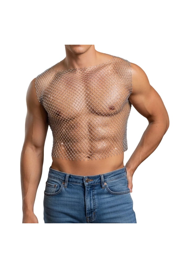 Men's Tank Top with Mesh Grid Reflective Pattern for Casual Summer Wear Sleek Fit -Grade Sleeveless Shirt for Everyday Party and Street Style, XL, Silver