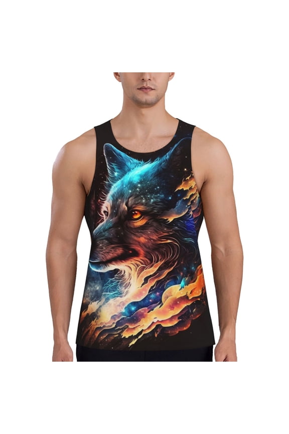 Men's Tank Top Soft Sleeveless Muscle T Shirts Gym Workout, Wolf Galaxy Fire Space