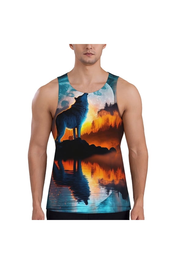 Men's Tank Top Soft Sleeveless Muscle T Shirts Gym Workout, Wolf Howling Night Moon River