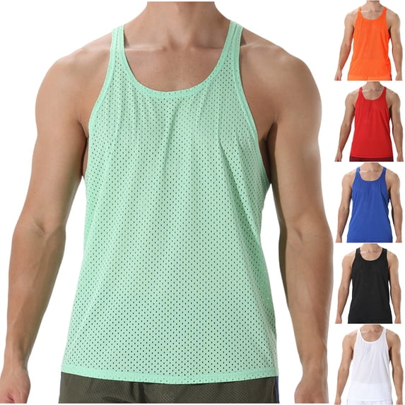 Men's Tank Top Summer Fashionable Men's Round neck Solid Color Mesh Drying Sleeveless Top Workout Gym Shirts Regular Fit Undershirt