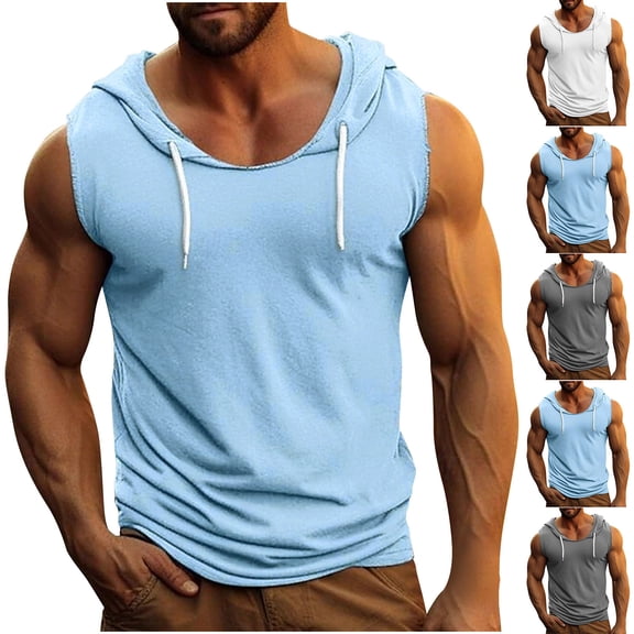 Men's Tank Top Summer Fashionable Men's Solid Color Sleeveless Fitness Drawstring Round Neck Loose Fit Shirt Hooded Top