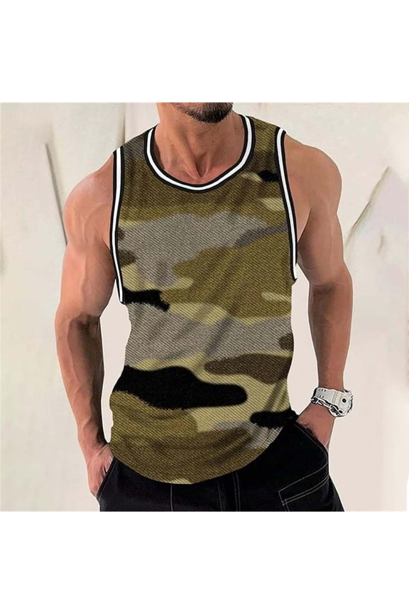 Men's Tank Tops Camo Workout Summer Sleeveless Graphic Gym Regular Fit Breathable Comfortable Muscle Mens Shirts Army Green XXL