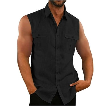 Men's Tank Tops Casual Cotton Linen Sleeveless Button Down Shirts Summer Vests Front Pockets Solid Color Turn-down Collar Gym Muscle T-shirt Beach Basic Tee Tops