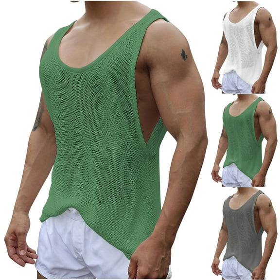 Men's Tank Tops Fashion Hollow Out Casual Solid Color Sleeveless Knit Round Neck Collar Tank Top Athletic Bodybuilding Gym Performance Tee Shirts