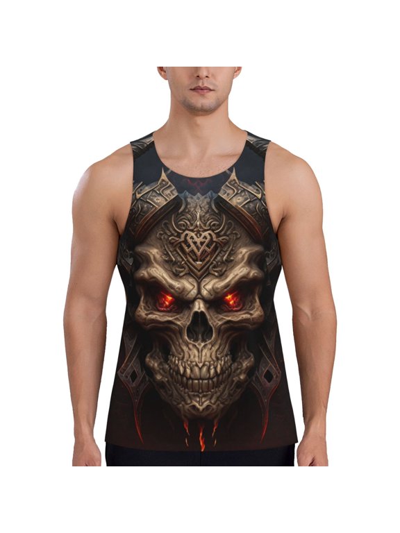 Men's Tank Tops Gym Sleeveless T Shirts Athletic Muscle Tee, Demon Satanic Skull Red Eye