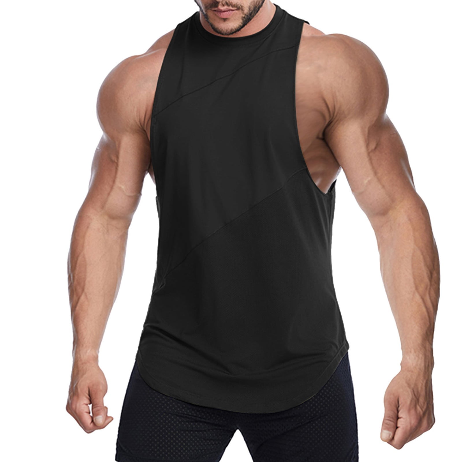 Men's Tank Tops Gym Workout Sleeveless T-Shirts Fitness Muscle Side Slit  Shirt(Black,XL)