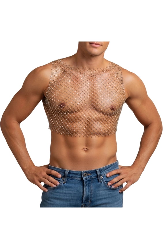 Men's Tank Tops Men's Sleek Mesh Studded Reflective Grid Pattern Sleeveless Tank for Casual Summer Wear Gold L