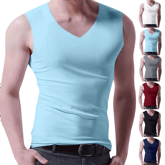 Men's Tank Tops Pullover Solid Color Top T Shirt Outdoor Elastic Tight Without Marksr Solid Color V Neck Tank Top Workout Gym Shirts