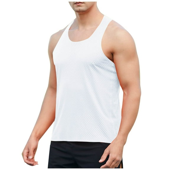 Men's Tank Tops Qiggri Man Solid-Color Casual Mesh Sports Loose I-Shaped Round-Neck Tank Top Mens Workout Tank Tops