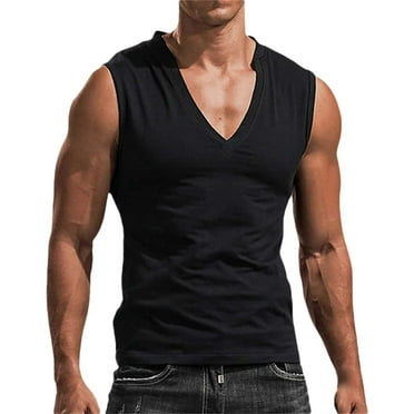 Men's Tank Tops Quick Dry Solid V Neck Casual Breathable Sleeveless T Shirt Sleeveless Tee,Size L,Black