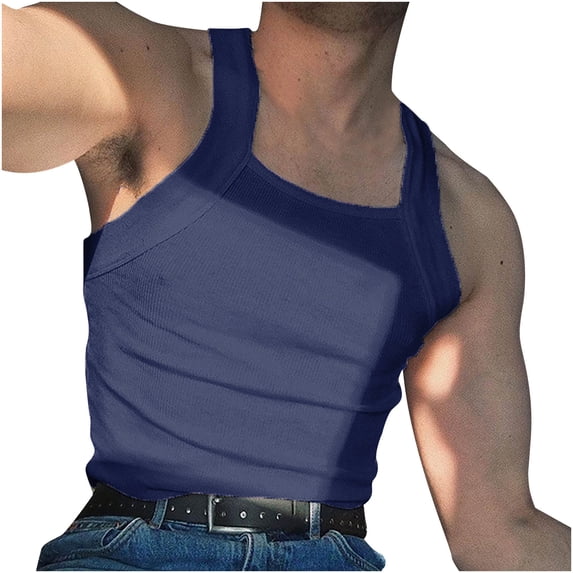 Men's Tank Tops Square Neck Cut Muscle Ribbed Shirts Size for Men Big Size 4XL Navy