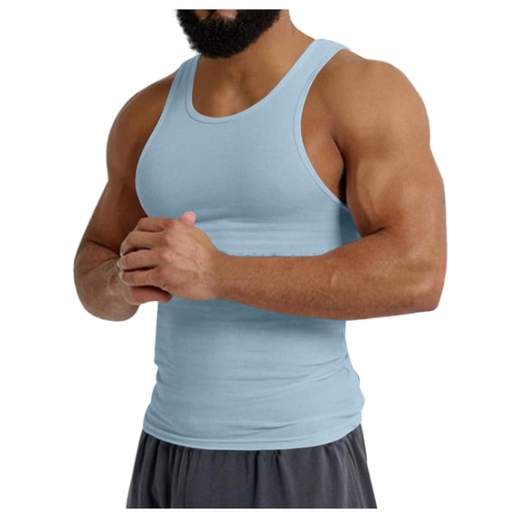 Men's Tank Tops Summer Knitted Ice Silk Ribbed Solid Color Round Neck Sleeveless Athletic Slim Fit Shapewear Gym Fitness Casual Vest Daily-Wear,Blue,M T-Shirts