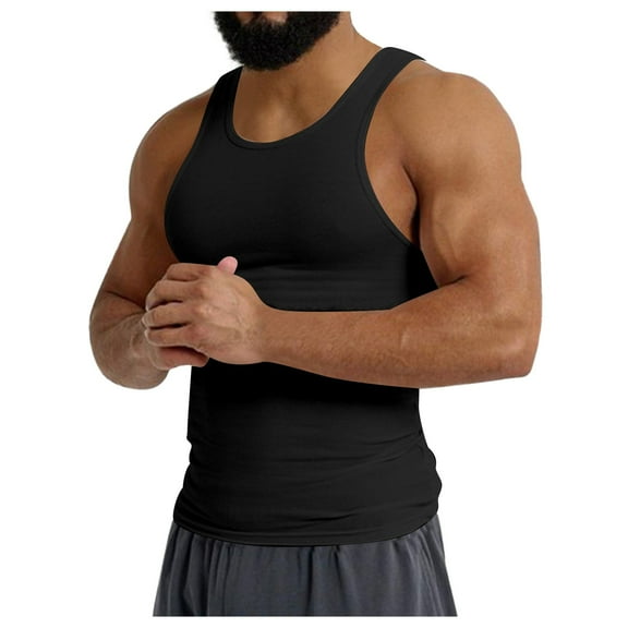 Men's Tank Tops Summer Knitted Ice Silk Ribbed Solid Color Round Neck Sleeveless Athletic Slim Fit Shapewear Gym Fitness Casual Vest Holiday Wear,Black,XL Undershirts