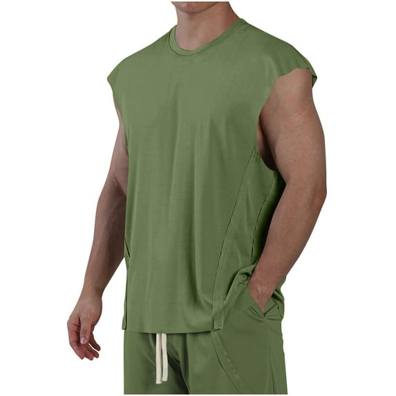 ZQUUVOU Men's Tank Tops Trendy Solid Color Sports Casual Sleeveless Round Neck Top Olive Green