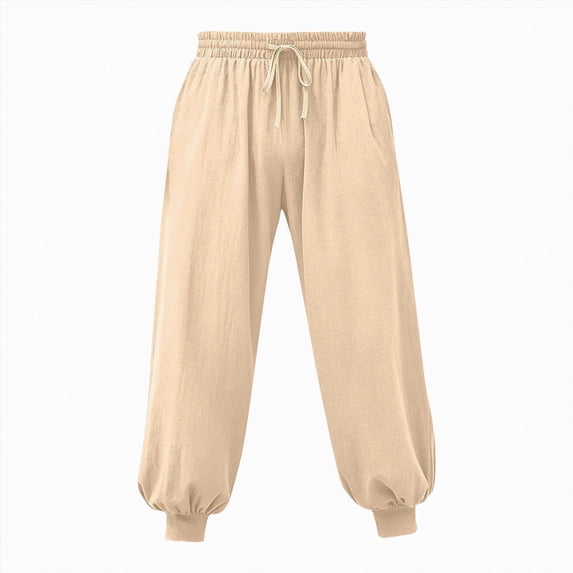 Men's Tapered Chino Pants with Pockets Mens Sweatpants with Pockets Outdoor Running Jogger Pants Elastic Waist Drawstring Workout Casual Sweatpants L Beige