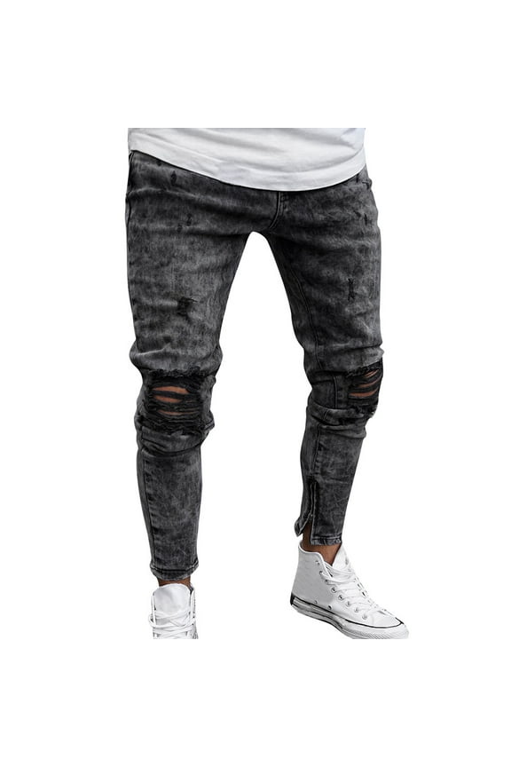 Men's Tapered Fit Distressed Denim Jeans with Ripped Knee Design, Elastic Urban Trousers for Everyday Casual Wear