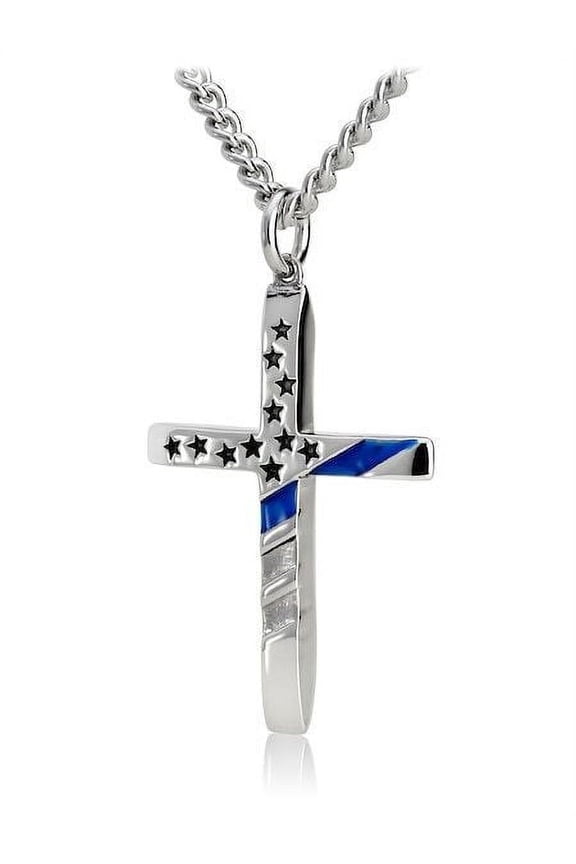Men's Tapered Flag Cross with Thin Blue Line Necklace - John 19:30 by Shields of Strength