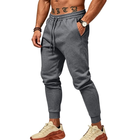 Men's Tapered Jogger Sweatpants, Drawstring Elastic Waist Outdoor Working Pants, Fall Slim Fit Solid Color Casual Trousers with Pockets Dark Gray 2XL