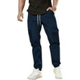 thumbnail image 1 of Men's Tapered Pants Drawstring Elastic Waist Trousers With Zip Pockets Solid Color Casual Stylish Sports Pants (XL, Navy), 1 of 9