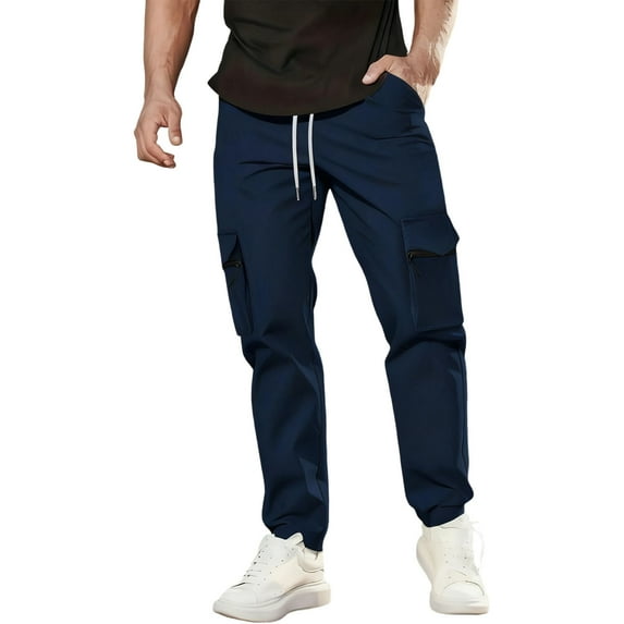 Men's Tapered Pants Drawstring Elastic Waist Trousers With Zip Pockets Solid Color Casual Stylish Sports Pants (XL, Navy)