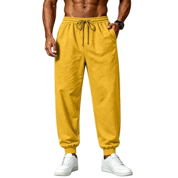Men’s Tapered Sweatpants Workout Streetwear Waist Elastic Drawstring Joggers Pants Ribbed Ankle Cuffs Casual Pants with Pockets Yellow S