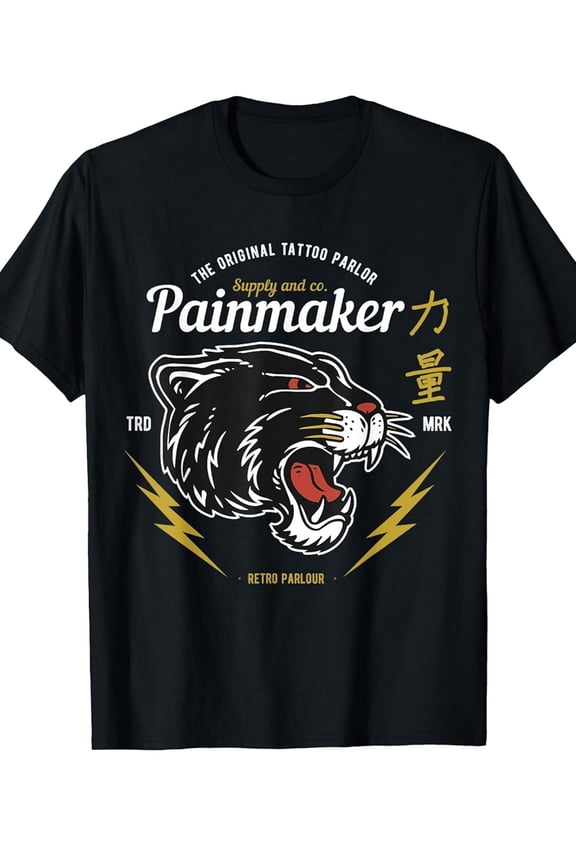 Men's  Tattoo Parlor Oldschool Panther Head Graphic T-Shirt - Black with Bold Yellow & White Print, Regular Fit Short Sleeve Round Neck Casual Tee for Casual Attire, Allseason Apparel