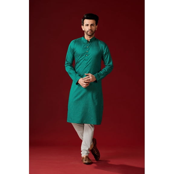 Men's Teal Green Color Indian Traditional Wear Tunic Cotton Kurta Pajama Set
