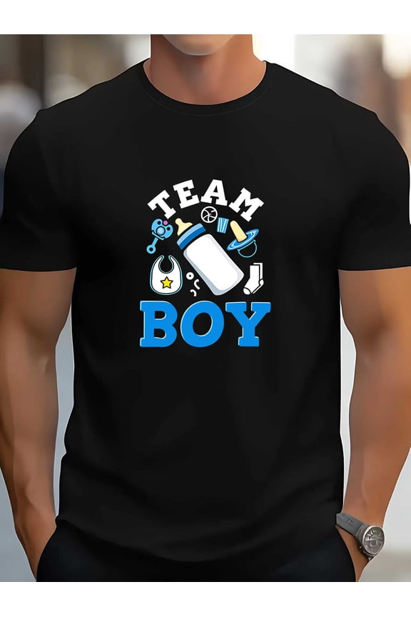 Men's Team Boy Baby Shower T-Shirt - Gender Reveal Outfit with Blue Team Lettering & Baby Footprint Graphic - Short Sleeve Crew Neck Casual Tee for Boys' Showers, Ideal Gift for Expecting Fathers