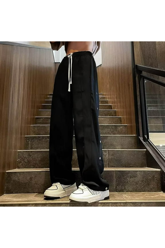 Men's Tear Away Basketball Track Pants High Split Side Snap Cinch Bottoms Loose Sweatpants (Black XL)