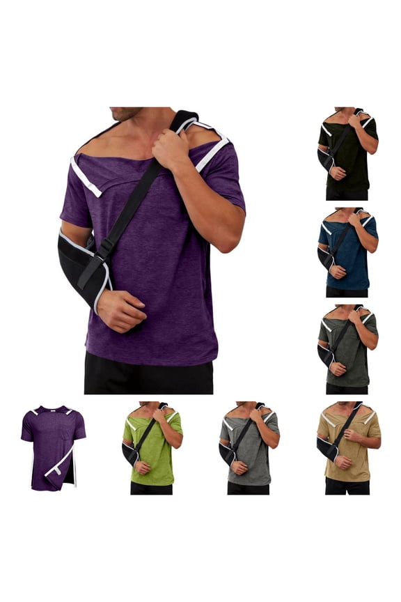Men's Tear Away Side Snap Short Sleeve Post Shoulder Surgery Shirts, Adaptive Chemo Port Access Tops Essential for Chemotherapy Recovery and Post Operation Care Dark Purple 2XL