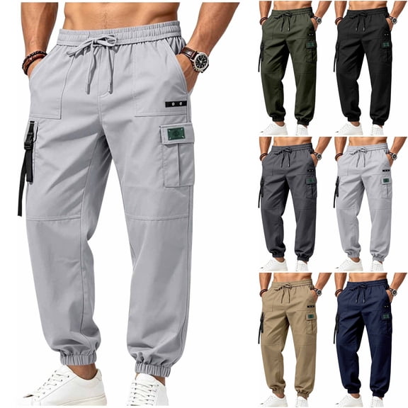 Men's Techwear Cargo Joggers Baggy 2026 Fall Fashion Streetwear Pants Elastic Waist Drawstring Tapered with Flap Pockets Casual Wear, Gray, XL