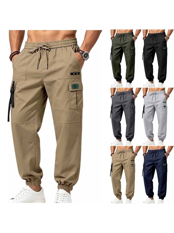Men's Techwear Cargo Joggers Baggy 2026 Fall Fashion Streetwear Pants Elastic Waist Drawstring Tapered with Flap Pockets Casual Wear, Khaki, XL
