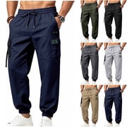 Mens Techwear Cargo Joggers Baggy 2026 Fall Fashion Streetwear Pants Elastic Waist Drawstring Tapered with Flap Pockets Casual Wear, Navy, L