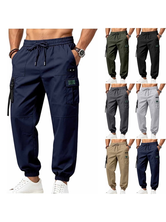 Men's Techwear Cargo Joggers Baggy 2026 Fall Fashion Streetwear Pants Elastic Waist Drawstring Tapered with Flap Pockets Casual Wear, Navy, XXXL