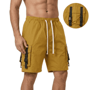 Mens Techwear Cargo Shorts Multi-Pocket Tactical Utility Shorts Casual Elastic Waist Drawstring Streetwear Shorts with Buckle Straps