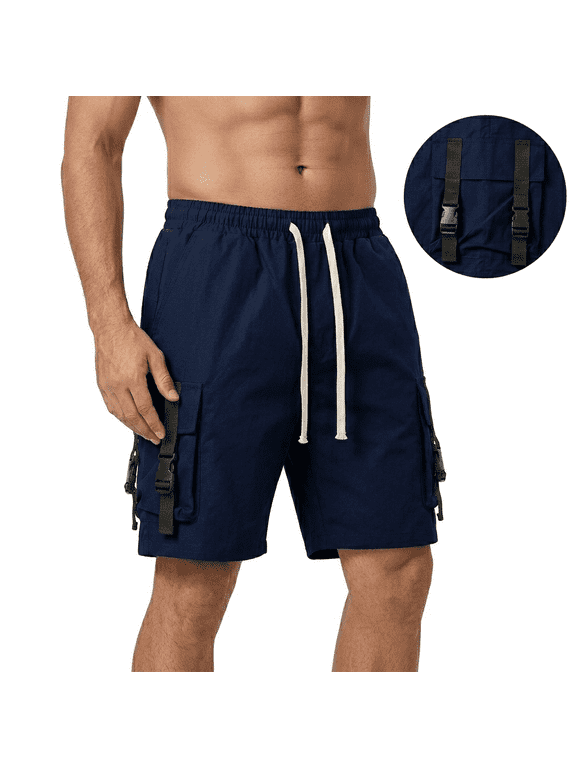 Men's Techwear Cargo Shorts Multi-Pocket Tactical Utility Shorts Casual Elastic Waist Drawstring Streetwear Shorts with Buckle Straps