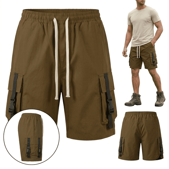 Men's Techwear Cargo Shorts Tactical Streetwear Summer Casual Shorts with Elastic Waist Drawstring and Buckle Pockets