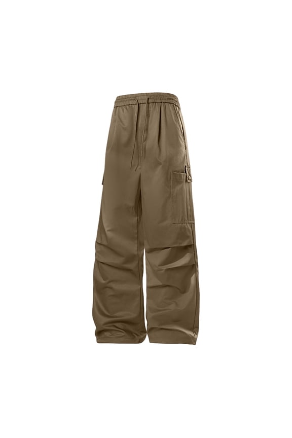 Men's Techwear Wide Leg Cargo Pants, Straight Leg Multi Flap Pocket Tactical Long Trousers, Loose Fit Hip Hop Street Fashion Casual Parachute Pants Khaki