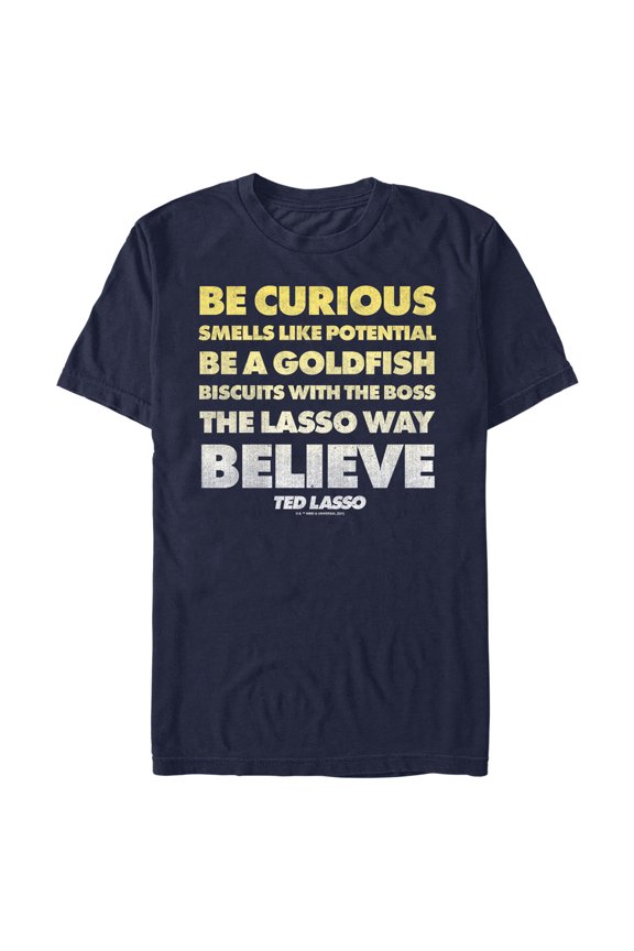 Men's Ted Lasso Be Curious Quote Stack Graphic Tee Navy Blue 2X Large